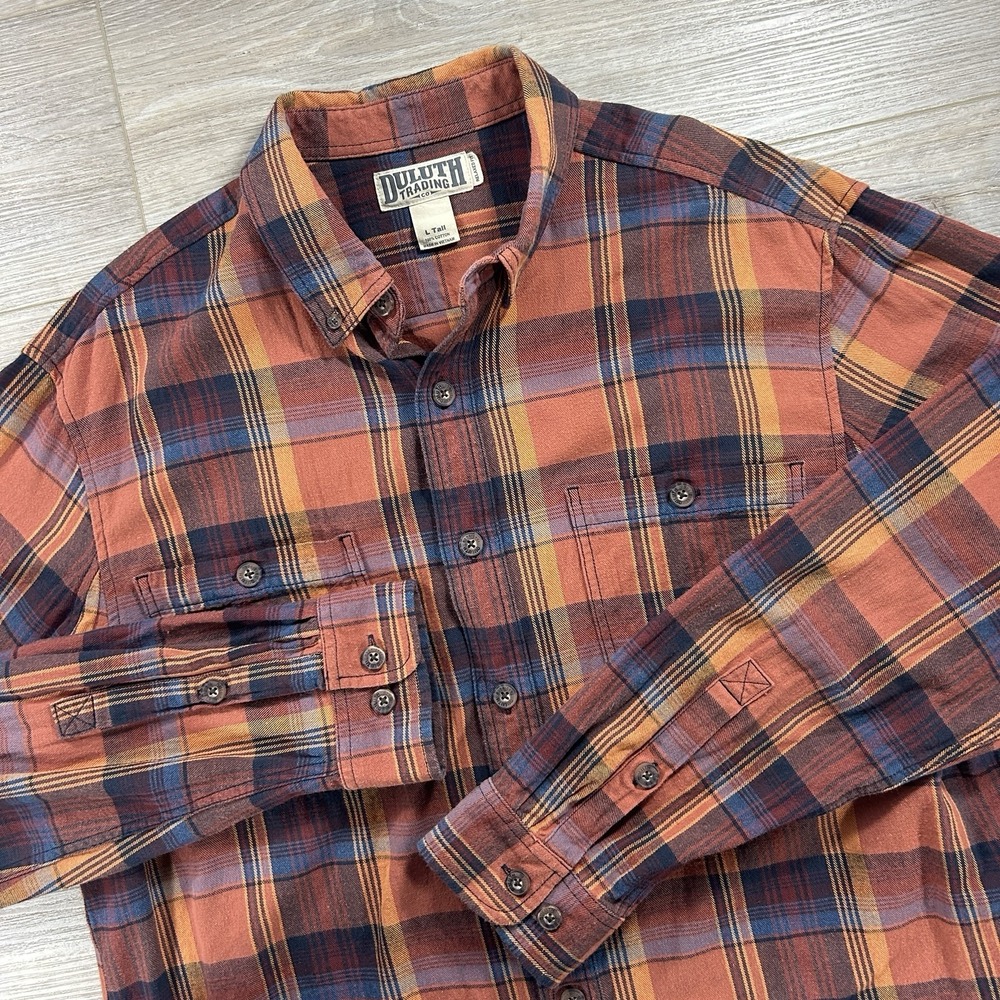 Duluth Trading Co Relaxed Fit Large Tall Orange Plaid Long Sleeve Button Down - Picture 2 of 10